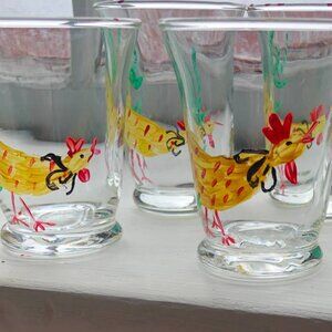 Set of 6 Vintage Shot Clear Glasses Rooster Hand Painted Barware